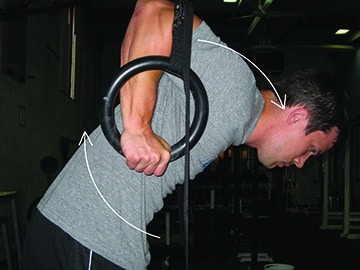 Image 5 Pull the rings back. Push the head and shoulders forward. Forearms perpendicular to the ground. 