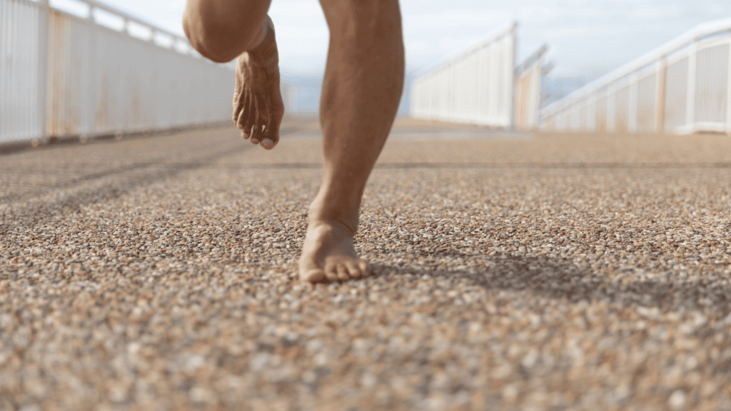 Running barefoot on store treadmill