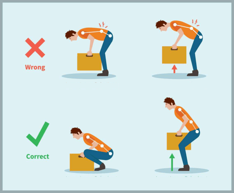 An illustration to show how to lift objects and how to move a treadmill