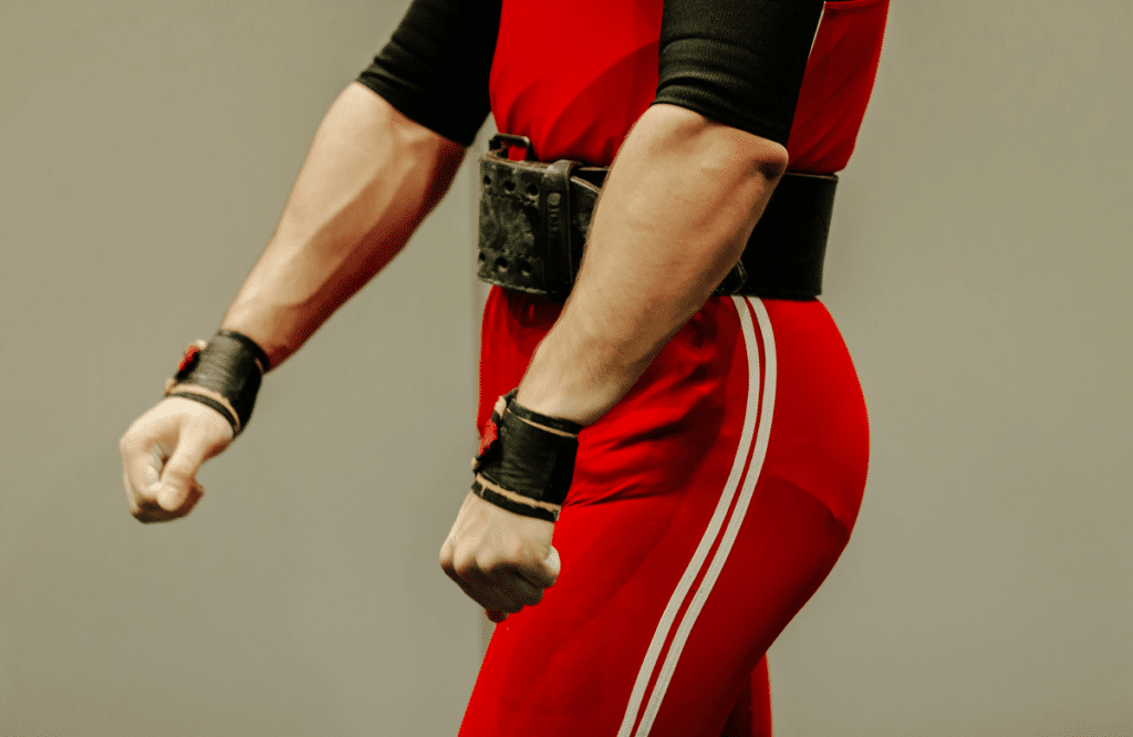 A man about to powerlift wearing a weight lifting belt
