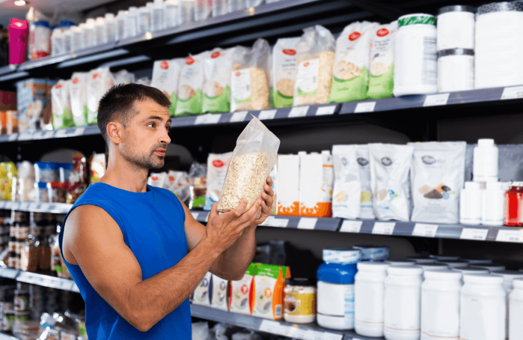 A man in a store choosing the best cheap pre-workout for his situation