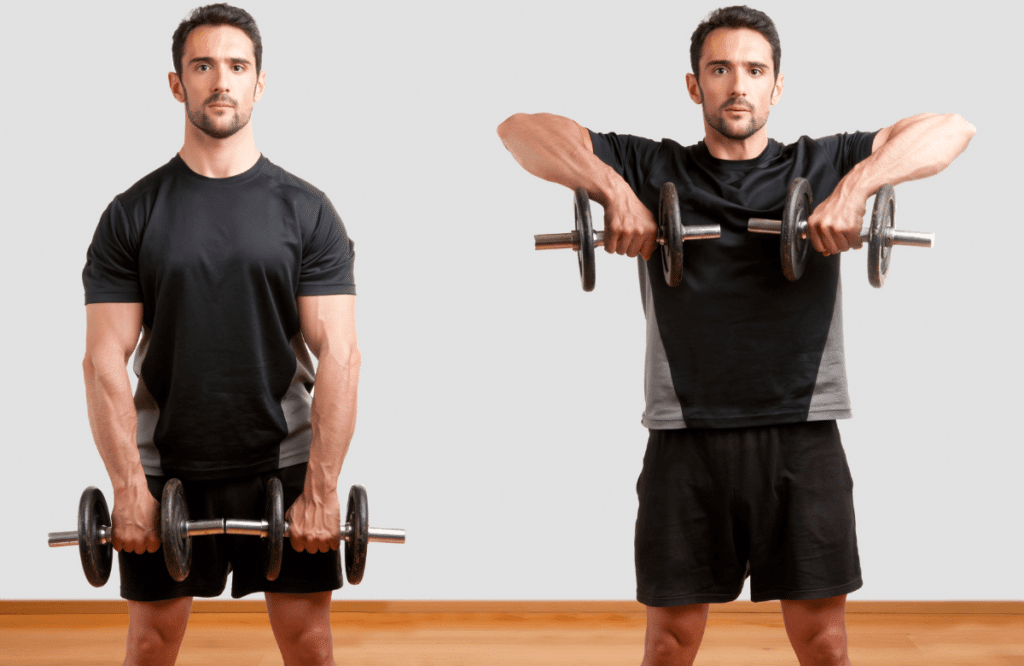 A man doing a shoulder workout with dumbbells at a specific training volume