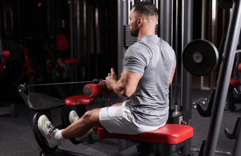 A man doing seated cable back workouts