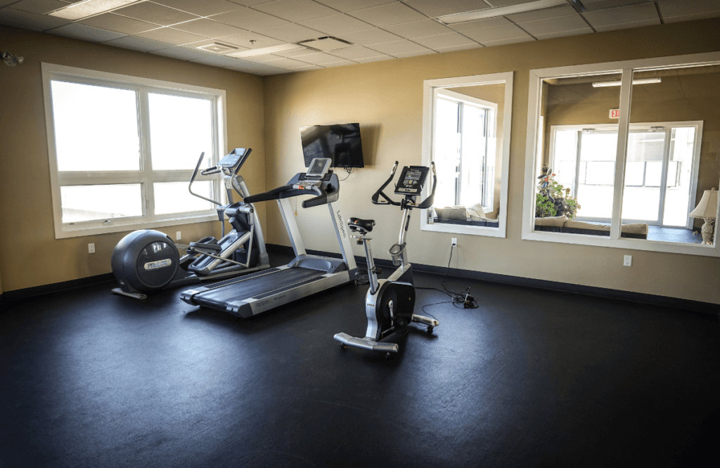 A home gym with a floor covered with mat