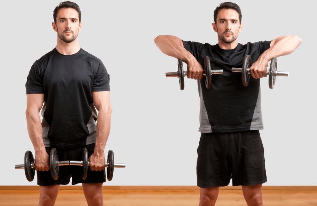 A man doing the right upright row movement with dumbbells