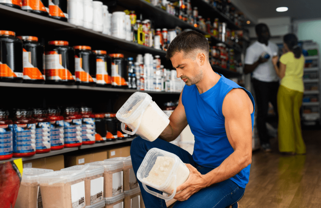 A man chossing between differents pre-workouts at a shop