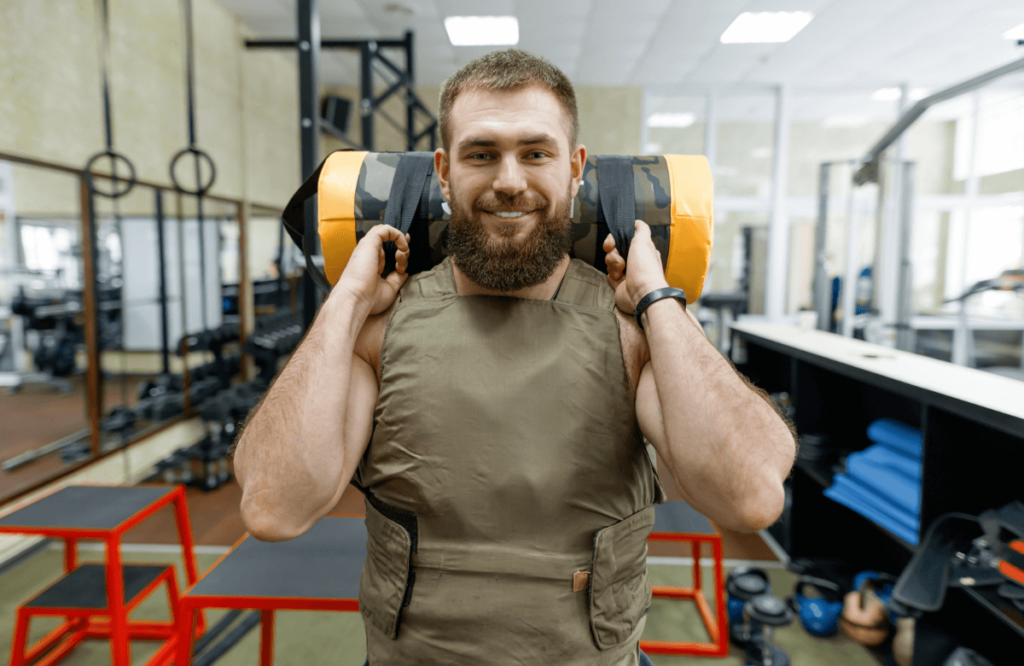 A man wearing a CrossFit weighted vest smiling while lifting a weight bag