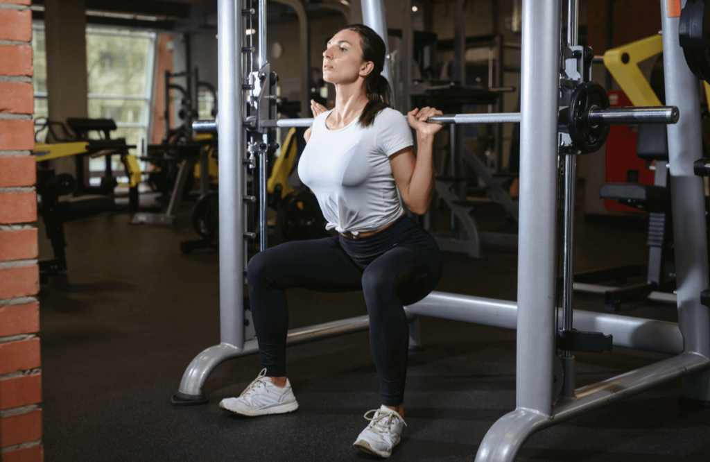 A woman using a smith machine instead of a squat rack