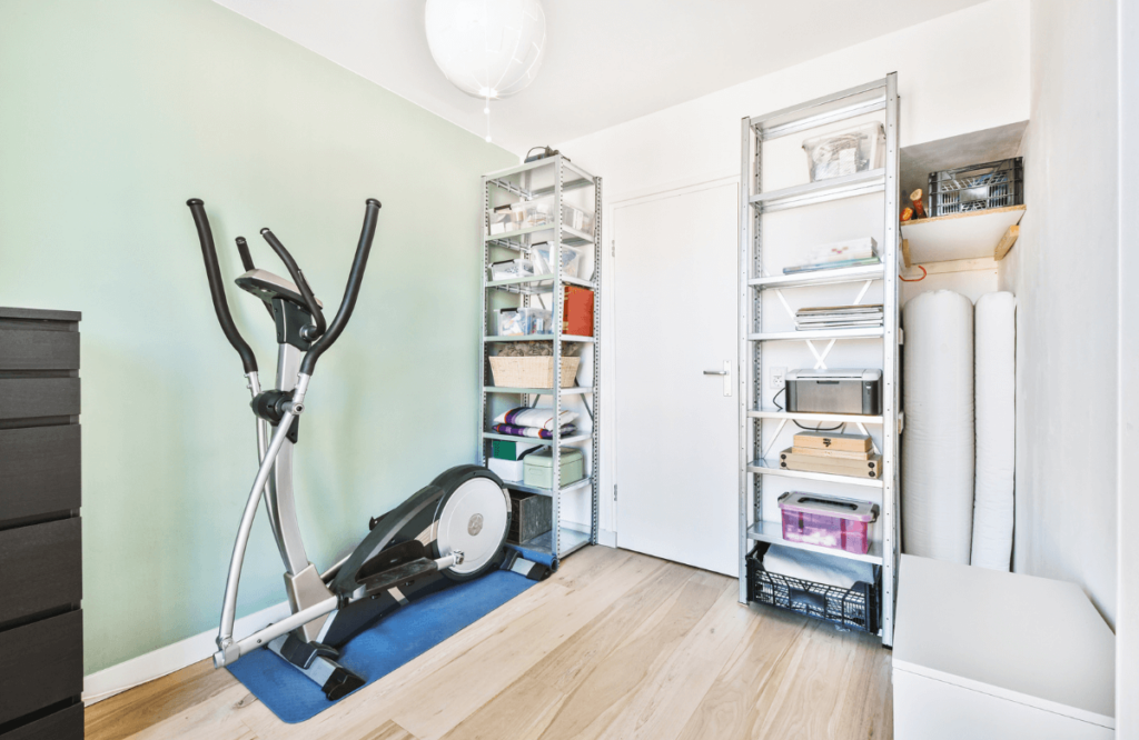 A home gym with storage shelves