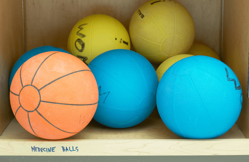 A cabinet used to store medicine balls in a home gym