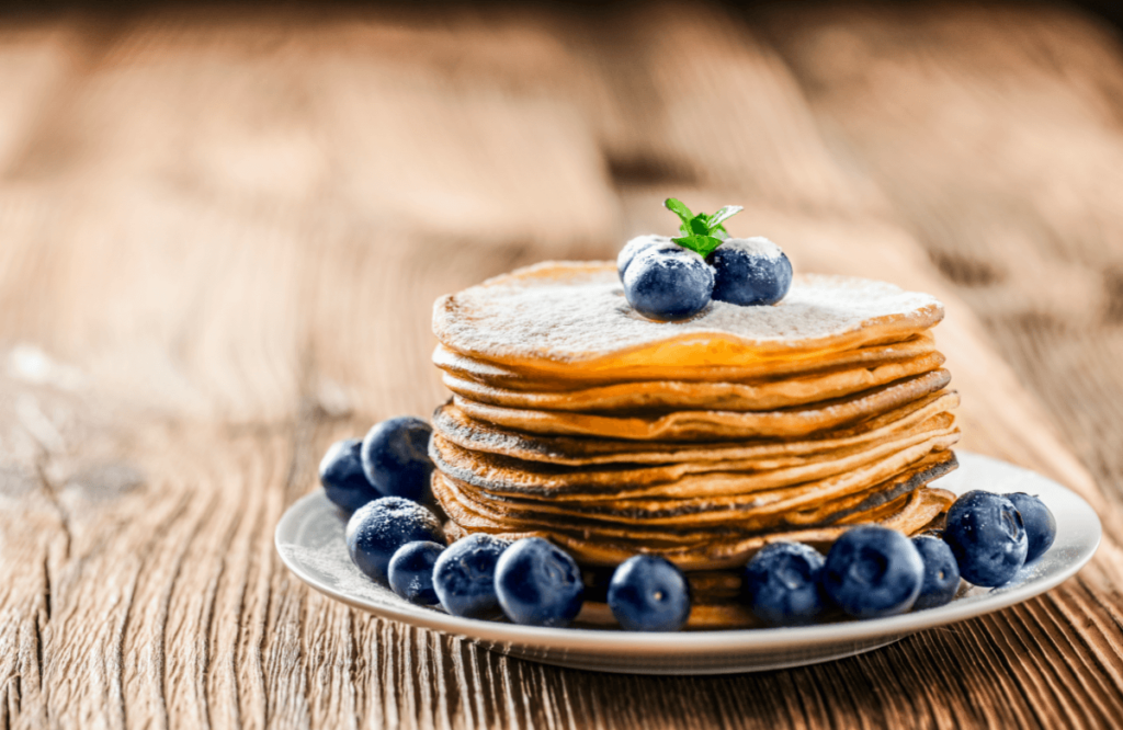 Blueberry Protein Pancakes With Caramel Sauce
