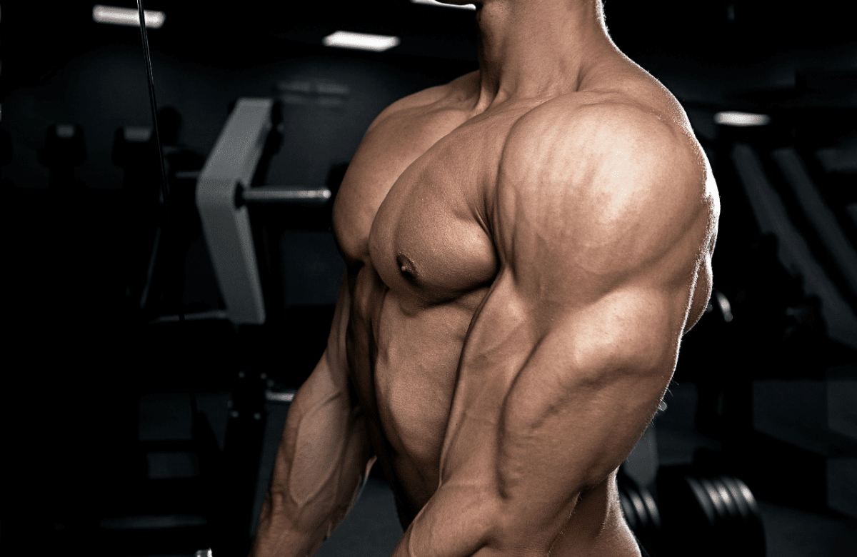 Un hombre musculoso sin camiseta muestra sus tríceps