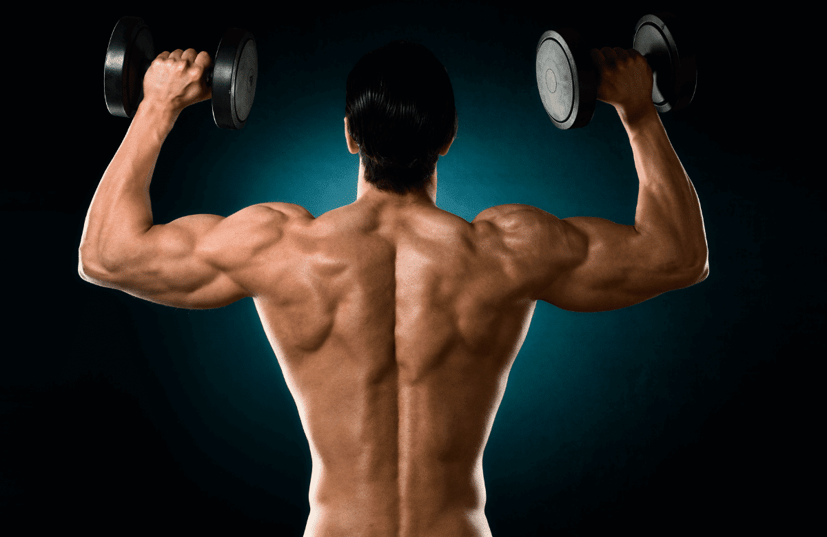 A muscular man performing dumbbell back exercises