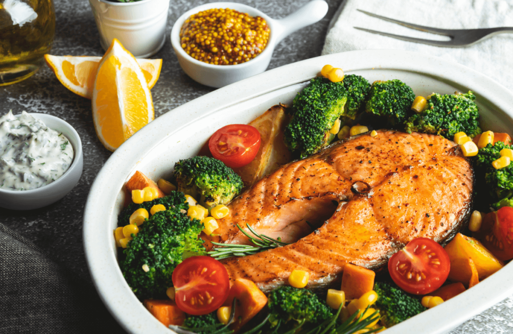 Salmon with Broccoli and Carrots
